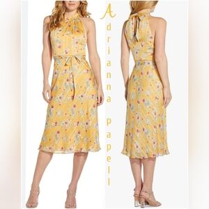 Adrianna Papell Yellow Floral Midi Dress Size 14 NWT